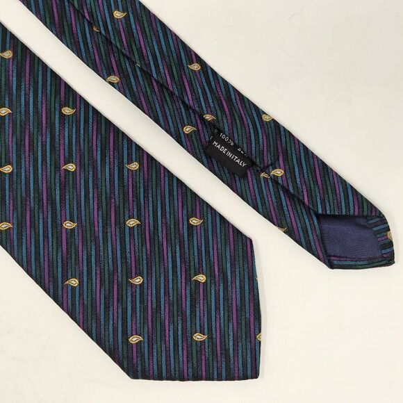 U CHICAGO SILK TIE GREEN PURPLE PAISLEY POLKA DOT STRIPE SATIN TEXTURED 3" X 54" - Picture 1 of 4